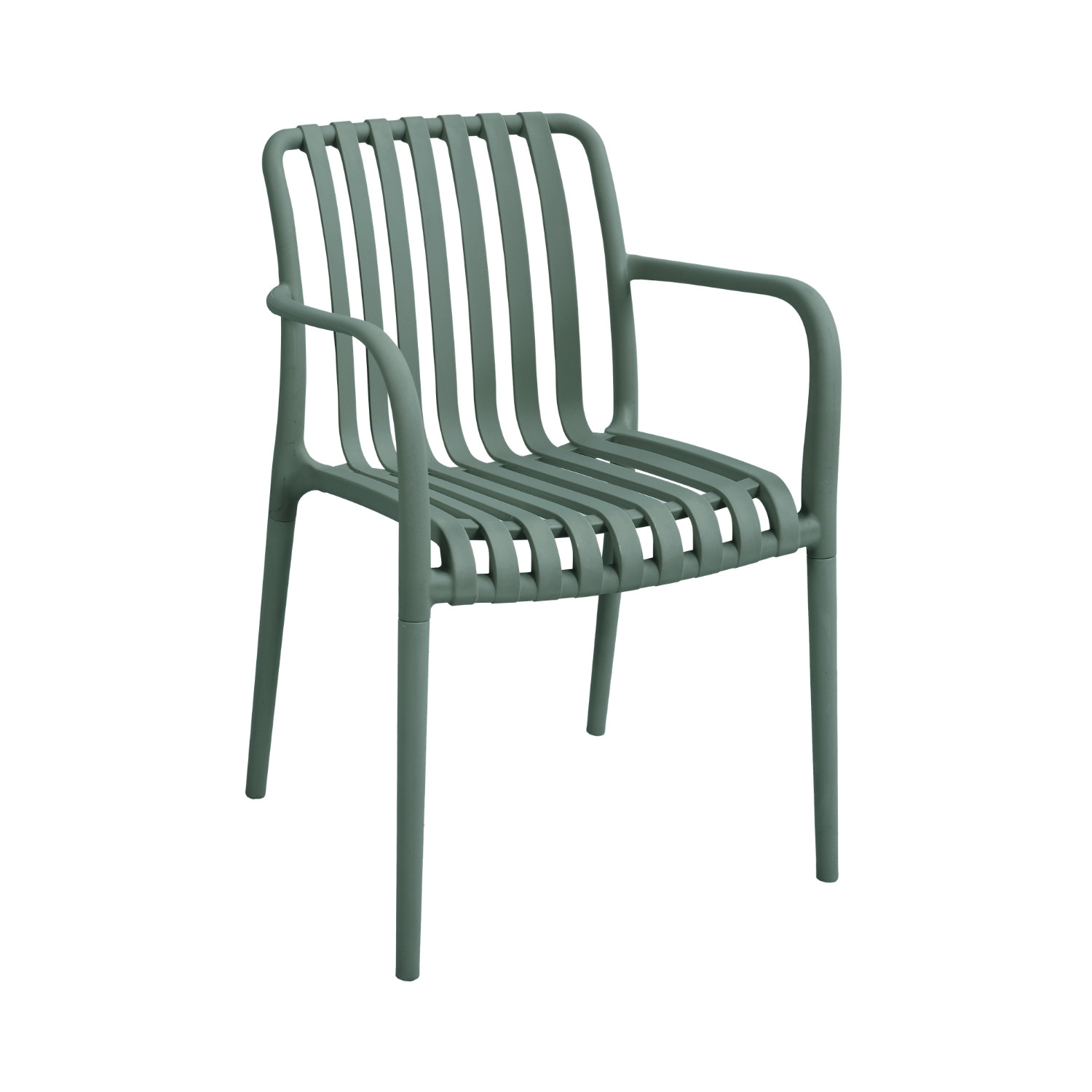 Silla apilable de exterior con reposabrazos, hecha de polipropileno en color negro, con un diseño de lamas verticales en el resp